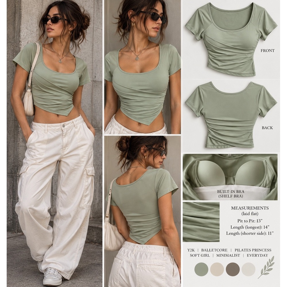 Y2K Sage Green Built In Bra Crop Top Asymmetrical Ruched Balletcore Baby Tee
